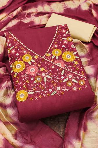 red cotton blend embroidered unstitched dressmaterials 3 pair top bottom dupptaa