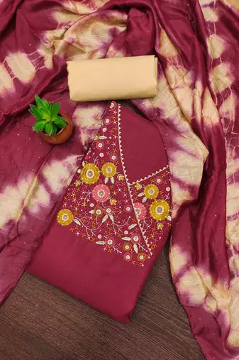 red cotton blend embroidered unstitched dressmaterials 3 pair top bottom dupptaa
