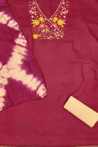 red cotton blend embroidered unstitched dressmaterials 3 pair top bottom dupptaa