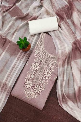 brown cotton blend embroidered unstitched dressmaterials 3 pair top bottom dupptaa