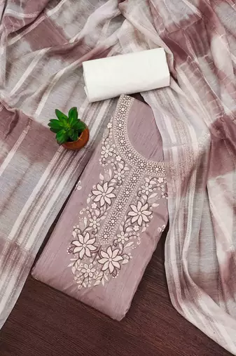 brown cotton blend embroidered unstitched dressmaterials 3 pair top bottom dupptaa