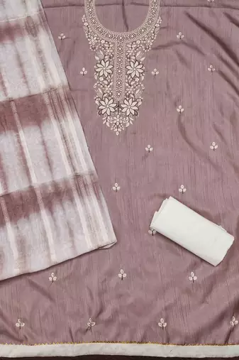 brown cotton blend embroidered unstitched dressmaterials 3 pair top bottom dupptaa