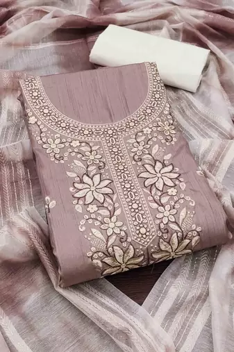 brown cotton blend embroidered unstitched dressmaterials 3 pair top bottom dupptaa