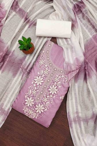 pink cotton blend embroidered unstitched dressmaterials 3 pair top bottom dupptaa
