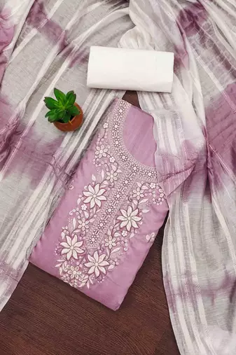 pink cotton blend embroidered unstitched dressmaterials 3 pair top bottom dupptaa