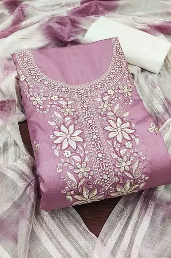 pink cotton blend embroidered unstitched dressmaterials 3 pair top bottom dupptaa