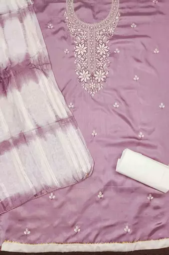 pink cotton blend embroidered unstitched dressmaterials 3 pair top bottom dupptaa