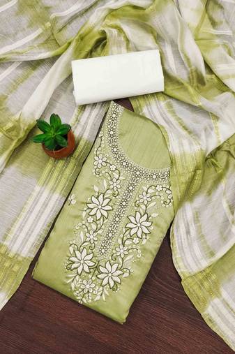 sea green cotton blend embroidered unstitched dressmaterials 3 pair top bottom dupptaa