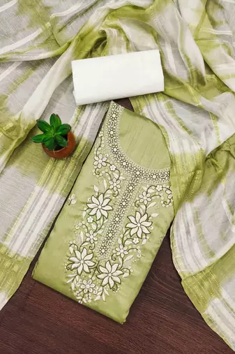 sea green cotton blend embroidered unstitched dressmaterials 3 pair top bottom dupptaa