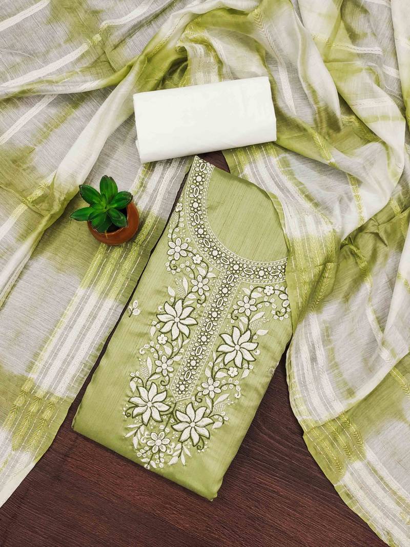 sea green cotton blend embroidered unstitched dressmaterials 3 pair top bottom dupptaa