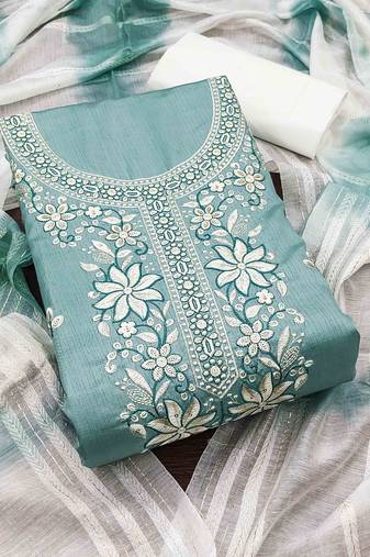sky cotton blend embroidered unstitched dressmaterials 3 pair top bottom dupptaa