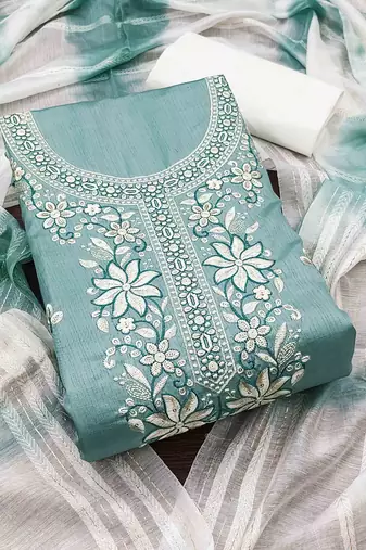 sky cotton blend embroidered unstitched dressmaterials 3 pair top bottom dupptaa