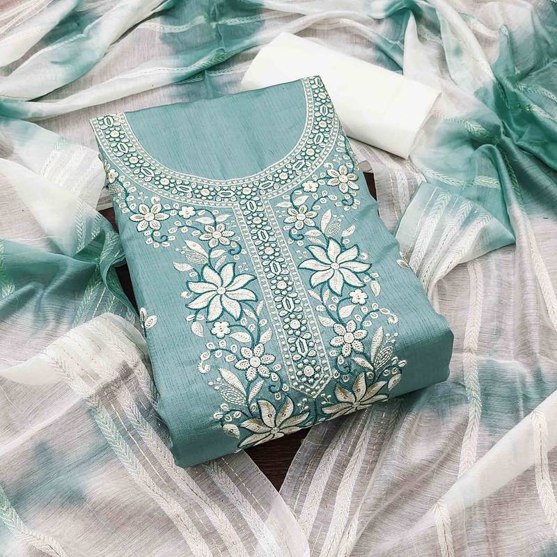 sky cotton blend embroidered unstitched dressmaterials 3 pair top bottom dupptaa