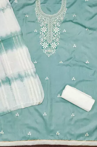 sky cotton blend embroidered unstitched dressmaterials 3 pair top bottom dupptaa