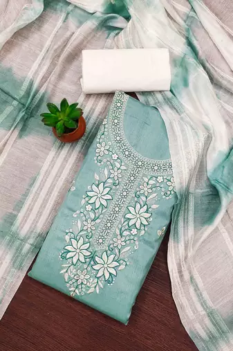 sky cotton blend embroidered unstitched dressmaterials 3 pair top bottom dupptaa