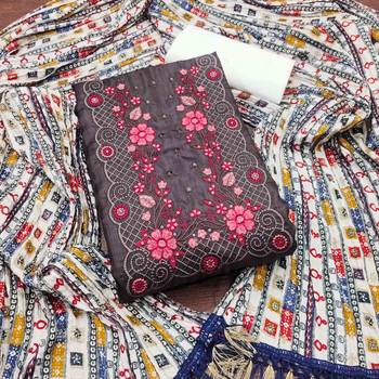 brown cotton blend embroidered unstitched dressmaterials 3 pair top bottom dupptaa 1
