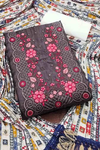 brown cotton blend embroidered unstitched dressmaterials 3 pair top bottom dupptaa