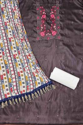 brown cotton blend embroidered unstitched dressmaterials 3 pair top bottom dupptaa 3