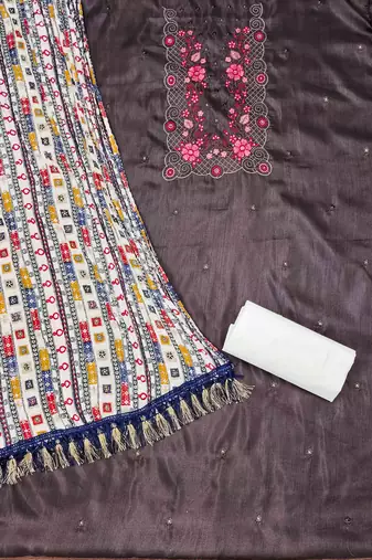 brown cotton blend embroidered unstitched dressmaterials 3 pair top bottom dupptaa