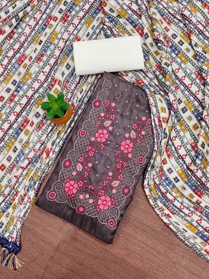 brown cotton blend embroidered unstitched dressmaterials 3 pair top bottom dupptaa 4