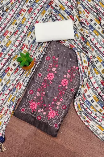 brown cotton blend embroidered unstitched dressmaterials 3 pair top bottom dupptaa