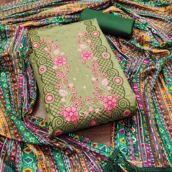 green cotton blend embroidered unstitched dressmaterials 3 pair top bottom dupptaa 1
