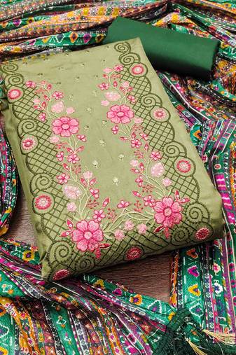 green cotton blend embroidered unstitched dressmaterials 3 pair top bottom dupptaa