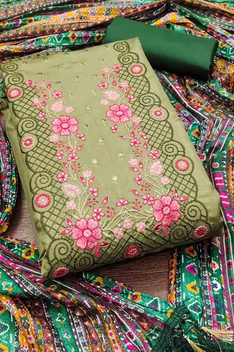 green cotton blend embroidered unstitched dressmaterials 3 pair top bottom dupptaa