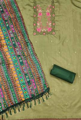 green cotton blend embroidered unstitched dressmaterials 3 pair top bottom dupptaa 3