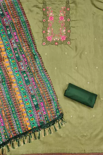 green cotton blend embroidered unstitched dressmaterials 3 pair top bottom dupptaa