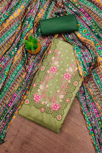 green cotton blend embroidered unstitched dressmaterials 3 pair top bottom dupptaa