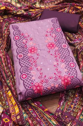 lavender cotton blend embroidered unstitched dressmaterials 3 pair top bottom dupptaa