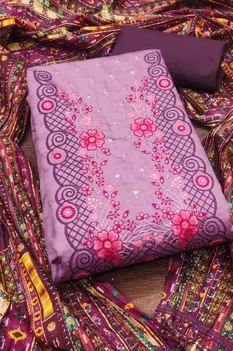 lavender cotton blend embroidered unstitched dressmaterials 3 pair top bottom dupptaa