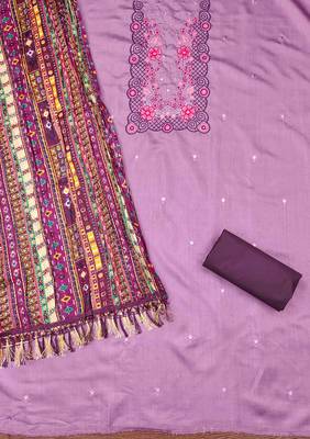 lavender cotton blend embroidered unstitched dressmaterials 3 pair top bottom dupptaa 3