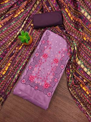 lavender cotton blend embroidered unstitched dressmaterials 3 pair top bottom dupptaa 4