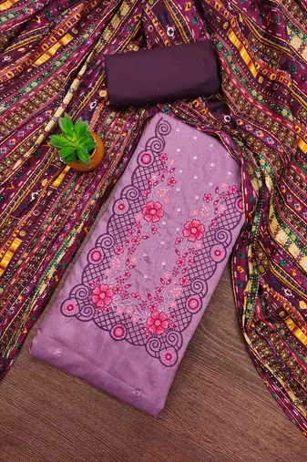 lavender cotton blend embroidered unstitched dressmaterials 3 pair top bottom dupptaa