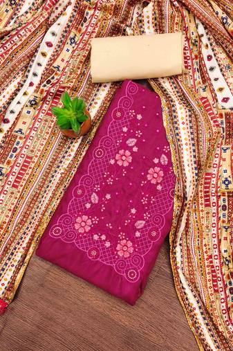 pink cotton blend embroidered unstitched dressmaterials 3 pair top bottom dupptaa