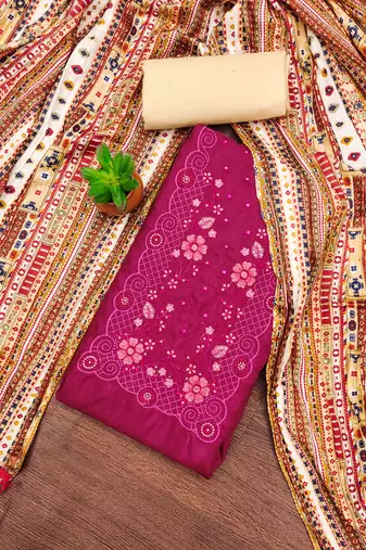 pink cotton blend embroidered unstitched dressmaterials 3 pair top bottom dupptaa