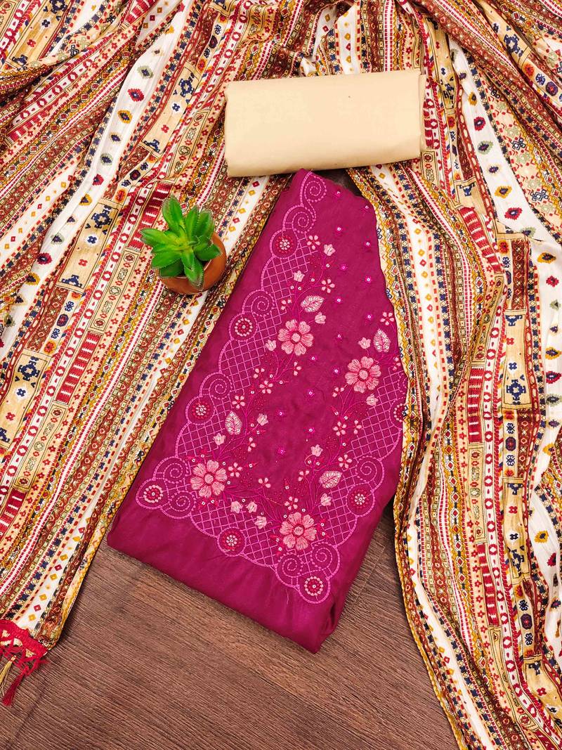 pink cotton blend embroidered unstitched dressmaterials 3 pair top bottom dupptaa