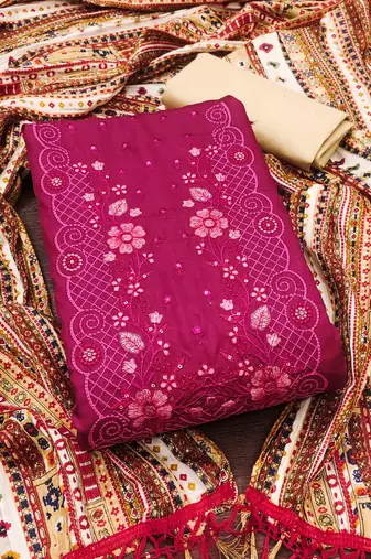 pink cotton blend embroidered unstitched dressmaterials 3 pair top bottom dupptaa