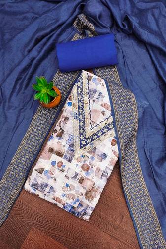 blue cotton blend embroidered unstitched dressmaterials 3 pair top bottom dupptaa