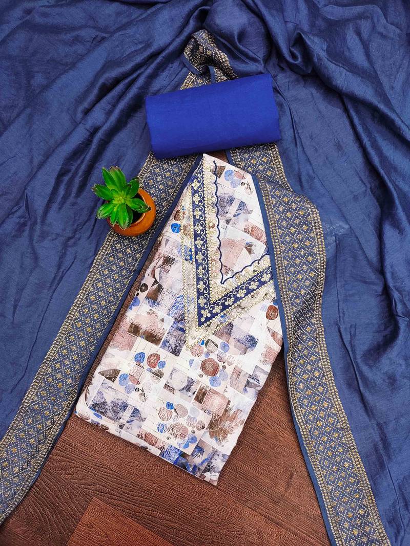 blue cotton blend embroidered unstitched dressmaterials 3 pair top bottom dupptaa