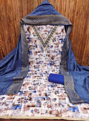 blue cotton blend embroidered unstitched dressmaterials 3 pair top bottom dupptaa 2