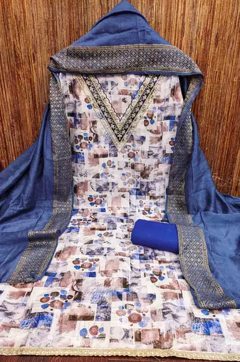 blue cotton blend embroidered unstitched dressmaterials 3 pair top bottom dupptaa