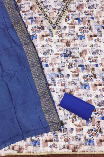 blue cotton blend embroidered unstitched dressmaterials 3 pair top bottom dupptaa