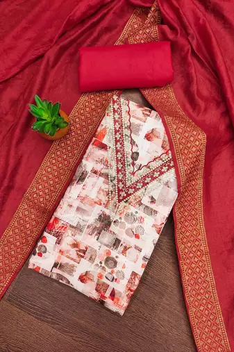 red cotton blend embroidered unstitched dressmaterials 3 pair top bottom dupptaa