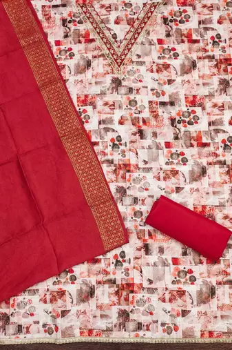 red cotton blend embroidered unstitched dressmaterials 3 pair top bottom dupptaa