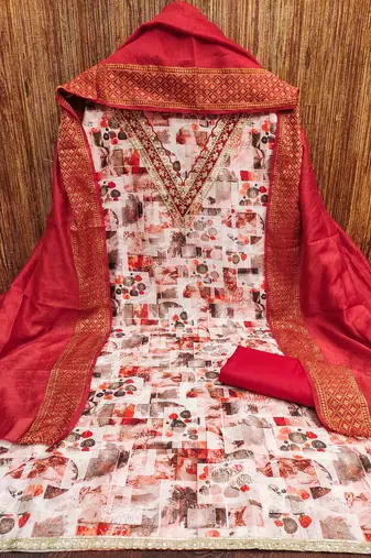 red cotton blend embroidered unstitched dressmaterials 3 pair top bottom dupptaa