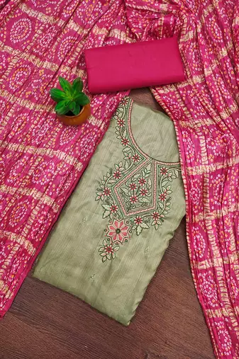 cream cotton blend embroidered unstitched dressmaterials 3 pair top bottom dupptaa