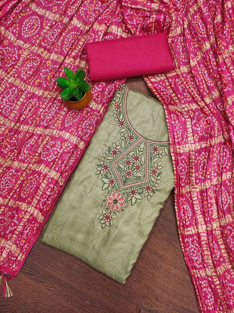cream cotton blend embroidered unstitched dressmaterials 3 pair top bottom dupptaa